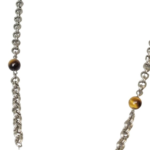 Vintage 80s Tigers Eye Bead Chain Necklace Women Silver Jewelry Crystal Gemstone - Picture 8 of 11